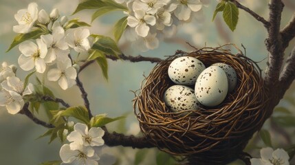 Fototapeta premium Delicate eggs nestled in a blooming tree a serene springtime scene of nature s beauty