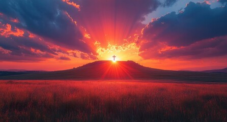 Cross on Hill at Sunset Easter Concept Christian Faith Salvation Resurrection Spiritual Glory