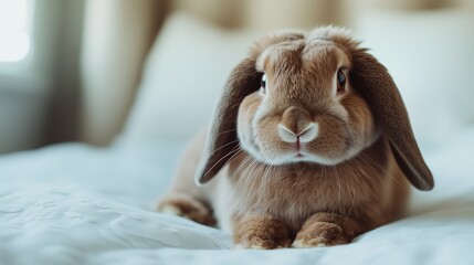The soft fur and relaxed pose of the rabbit stand out beautifully against the clean, neutral background.

