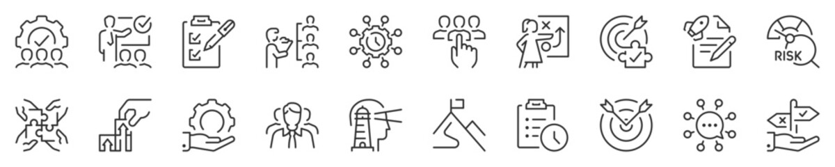 Line icons about business management. Contains such icons as leadership, organization, coaching and more. Editable vector stroke. 512x512 Pixel Perfect in transparent background.