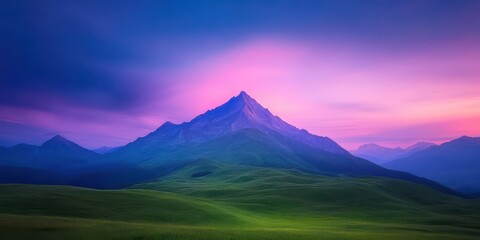 Fototapeta premium Purple and pink sunrise over a solitary mountain peak. Rolling green hills and misty valleys in wide panoramic view. Calm ambition and new beginnings. Ideal for branding headers and