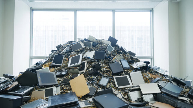 large pile of electronic waste is displayed bright room, showcasing old computers, monitors, and various electronic components. scene evokes sense of environmental concern and need for recycling