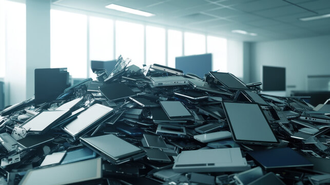 large pile of electronic waste, including old laptops and devices, is shown in modern office environment. scene evokes sense of concern about e waste and its impact on environment