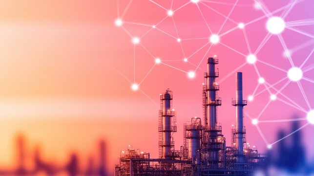 Futuristic industrial plant with network technology overlay at sunset