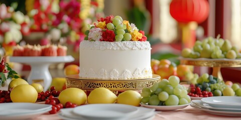 Elegant white cake with colorful flowers and fruits on festive table display