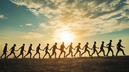 Silhouette of a Group of People Walking Together at Sunset Against a Dramatic Sky Background