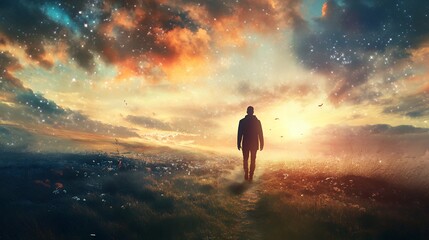 Obraz premium Silhouette of a Man Walking Towards a Colorful Sunset with Stars and Clouds in the Sky