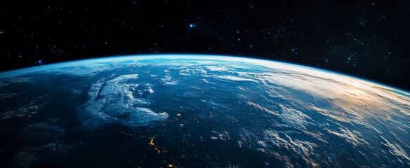 A view of the Earth from space, with the blue and white planet surrounded by a dark sky. The stars are scattered throughout the sky, creating a sense of vastness and wonder
