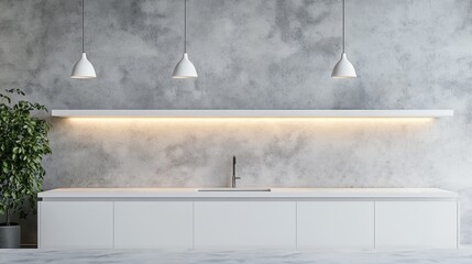 Modern kitchen design features white cabinets and concrete textured wall