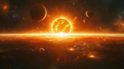 Obraz premium breathtaking image of our solar system featuring radiant sun rising above cosmic landscape, surrounded by distant planets and celestial bodies, evoking sense of wonder and exploration