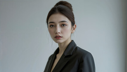 Young asian businesswoman posing in a studio setting, wearing a stylish dark jacket