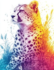 Vibrant cheetah illustration. Relaxed pose against a lush, colorful landscape. A moment of peaceful contemplation