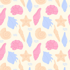 Hand drawn sea shells seamless pattern