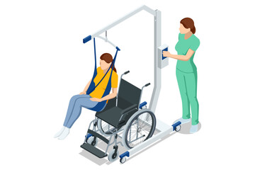 Isometric vector illustration showing a disabled female patient lifted from a wheelchair using a patient lift device operated by a rehabilitation specialist.