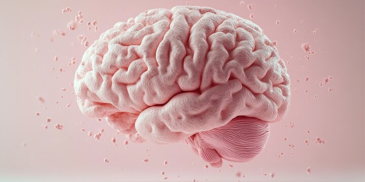 Floating human brain illustration in pastel colors isolated on light blue background with soft lighting and minimalist design