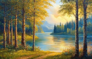 Serene Forest River Morning Landscape with Tall Trees and Sunlight