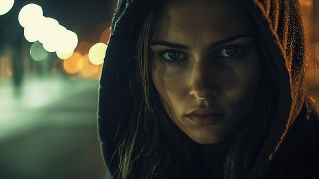 a street portrait of a mysterious woman in a hood, her face half-hidden in shadows, intense gaze, moody urban night setting. 