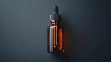 brown glass dropper bottle with black top sits elegantly against dark background, showcasing its sleek design and inviting potential for various uses