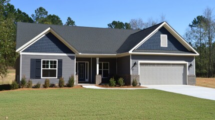 A House. New Residential Home in Gray Ranch Style with Brick Front and Garage