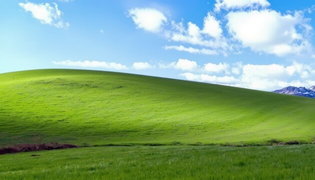 The view features a vast expanse of rolling hills covered in vibrant green grass
