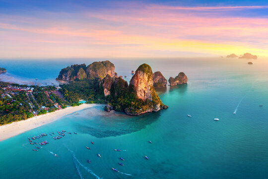 Aerial shots of Railey Beach at sunset, Krabi, Thailand.