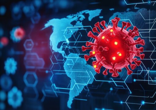 Futuristic Visualization of a Red Virus Particle with Global Map and Emphasis on China - Powered by Adobe