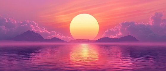 Serene minimalist sunset glowing sun over purple mountain reflections