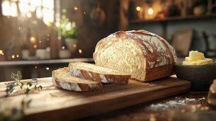 Golden crust and airy slices invite comfort, set in a cozy kitchen scene with butter ready to spread.

