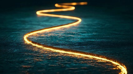 Obraz premium A winding golden light trail across a dark blue surface, evoking a sense of mystery and journey
