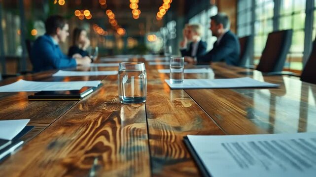 Conference Dynamics: A compelling photo captures the heart of business, showcasing a boardroom scene with focus on wooden table and a water glass.