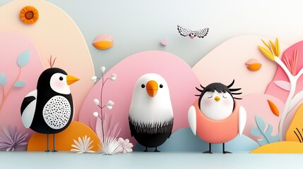 Obraz premium Whimsical Cartoon Birds in a Vibrant and Playful Nature Scene