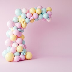 Pastel multicolour balloon arch decoration with pastel backgrounds	