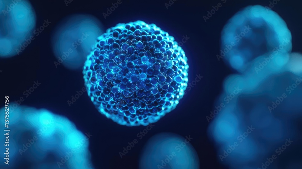 Poster blue exosome particles in cosmetology biotechnology concept. a close-up view of blue microscopic cel