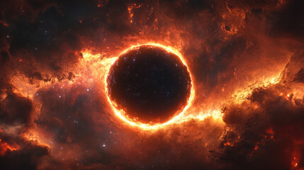 Obraz premium colossal black hole surrounded by fiery cosmic clouds and stars, creating mesmerizing and dramatic scene in universe. vibrant colors evoke sense of wonder and mystery