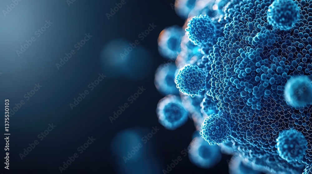 Poster blue exosome particles in cosmetology biotechnology concept. close-up of a virus illustrating its co