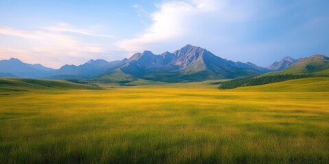 Fototapeta premium Lush Green Meadow with Wildflowers Surrounded by Majestic Mountains Beneath a Bright Sky During a Peaceful Day in Nature