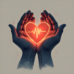 Minimalist logo of two hands gently holding a glowing heart with a pulse effect, symbolizing care, love, and health