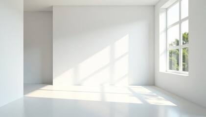 Fototapeta premium Empty white room with natural light pouring in through a large window, empty, simplicity