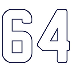 64 number classic american, college style font. Uniform letter in black with a black outside contour line. Vintage sport font.For jersey, t-shirt, basketball, baseball, football. Isolated vector