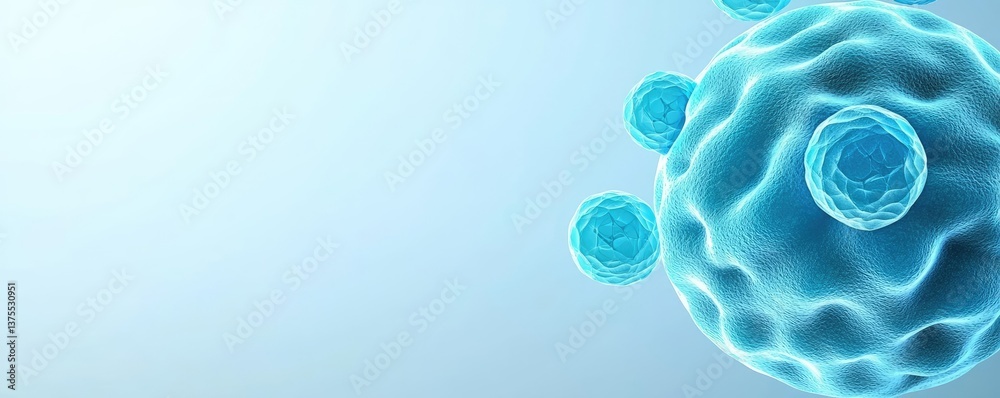 Poster blue exosome particles in biotechnology and medical concept. detailed visualization of a microscopic