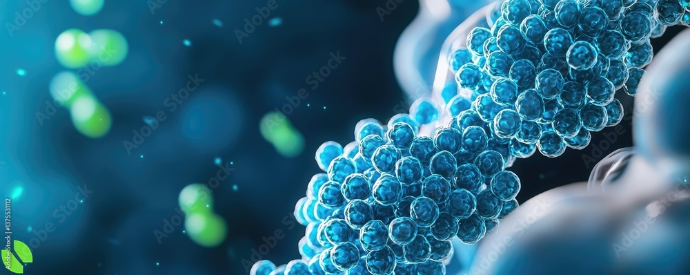Poster blue exosome particles in medical and skincare concept. close-up view of molecular structures in a v