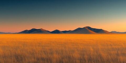 Vast Open Desert Landscape with Mountain Range Under a Serene Sunset in Warm Orange and Gold Tones Against a Clear Sky
