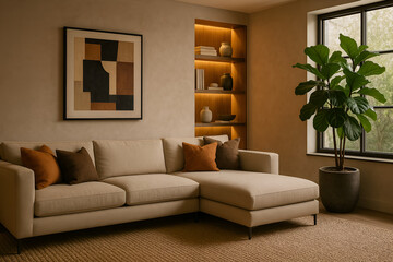 Sophisticated Living Room with Neutral Toned Sectional Sofa, Earthy Cushions, Warm Lighting, Indoor Plants, and Decorative Shelving