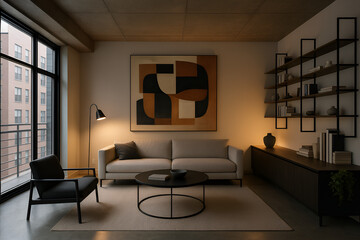 Contemporary Urban Living Room with Polished Concrete Floors, Modern Art, Sleek Furniture, and Soft Ambient Lighting