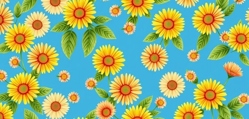 Seamless vector daisy pattern, blue background, green leaves, copy space, daisy, summer