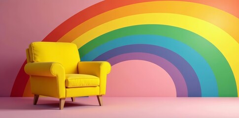 Serene yellow armchair against rainbow backdrop, promoting relaxation and positive vibes for interior design concepts, relaxation, furniture, interior
