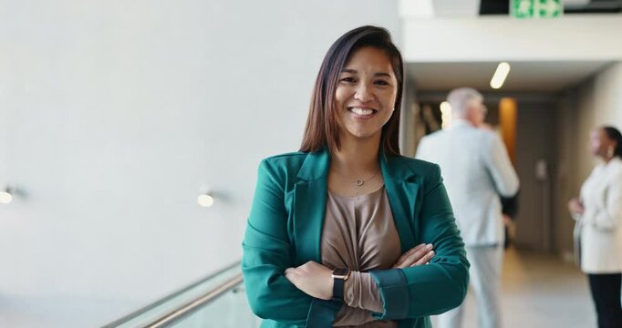 Arms crossed, face and smile of business woman in convention center for career or upskill development. Conference, confident and corporate with happy Asian employee at tradeshow for opportunity
