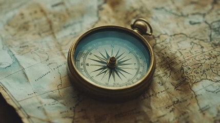 Vintage Compass on Old Map for Travel Adventure and Exploration