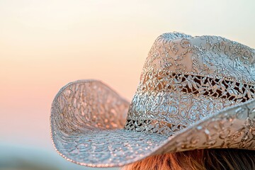 Mexican charro hat showcasing intricate silver embroidery at sunset