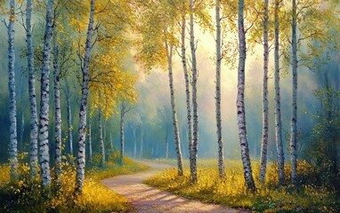 Fototapeta premium Impressionist Oil Painting of a Serene Forest with Birch Trees and Morning Light